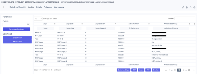 Inventurliste je Projekt sortiert nach Lagerplatzsortierung
