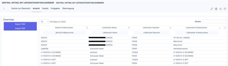 Screenshot des Berichtes Xentral-Artikel mit Lieferantenartikelnummern