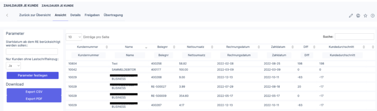 Screenshot des digitalXL Standardberichtes Zahldauer je Kunde