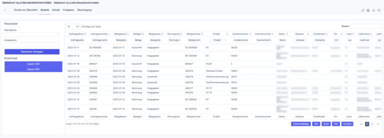 Screenshot Bericht Rechnungspositionen